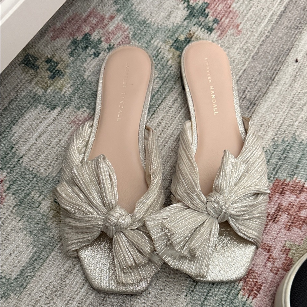 Loeffler Randall Metallic Silver Bow Mules
